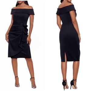 Xscape NWT Ruffle Off the Shoulder Scuba Dress In Black Size 14 NEW